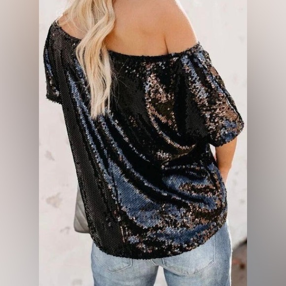 Elegant Shimmery Dew Shoulder Neckline W/Short Sleeves Sequin Detail Dress Top - Picture 7 of 14